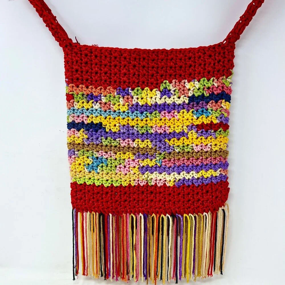 Crochet Shoulder Bag Handmade Boho Hippie Rainbow Fringe - Read‎ - Rough Fibers